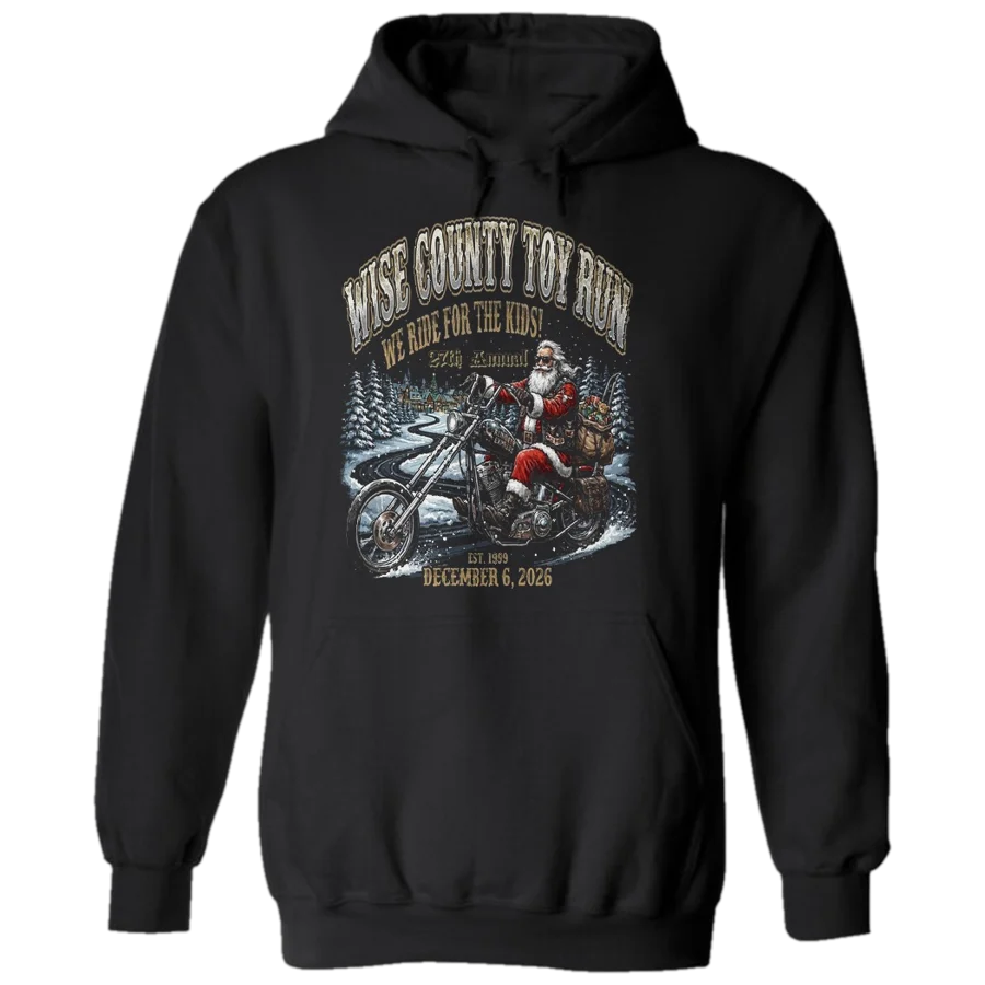 Black 2026 Wise County Toy Run hoodie with Santa on a motorcycle