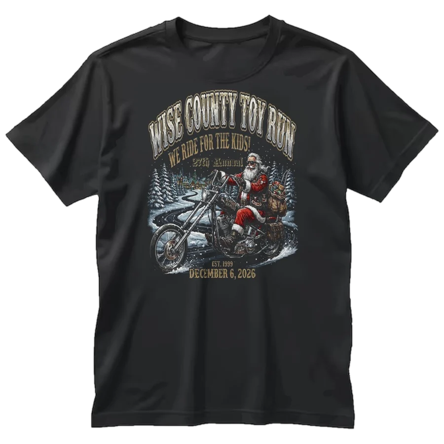 Black 2026 Wise County Toy Run T-shirt with Santa on a motorcycle